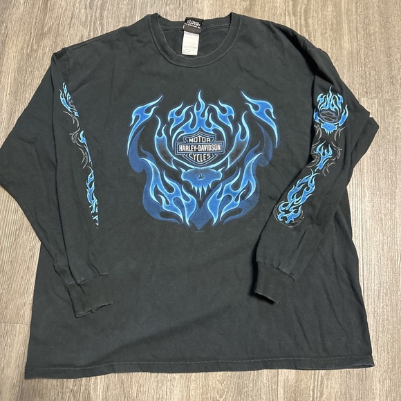 Harley-Davidson Other - Vintage Harley Davidson Blue Flame Xl Skull Long Sleeve Shirt Biker Ohio